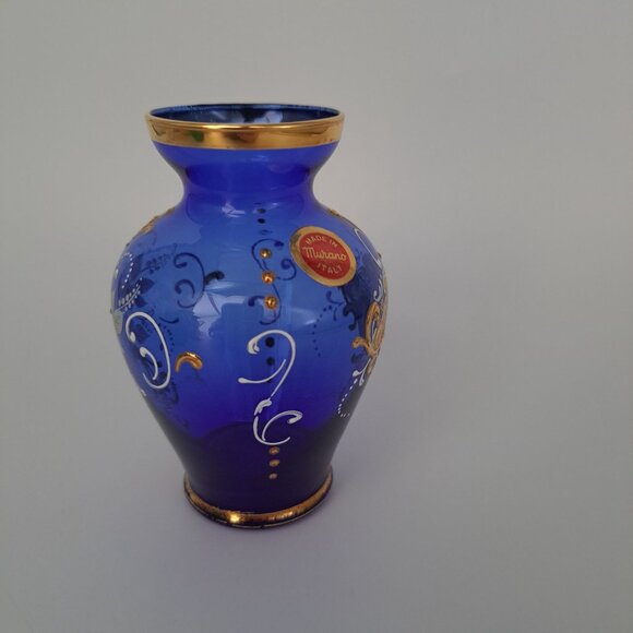 Vintage Murano Hand-Painted Cobalt Blue Glass Vase With Gold Accents & Floral De - Picture 7 of 12